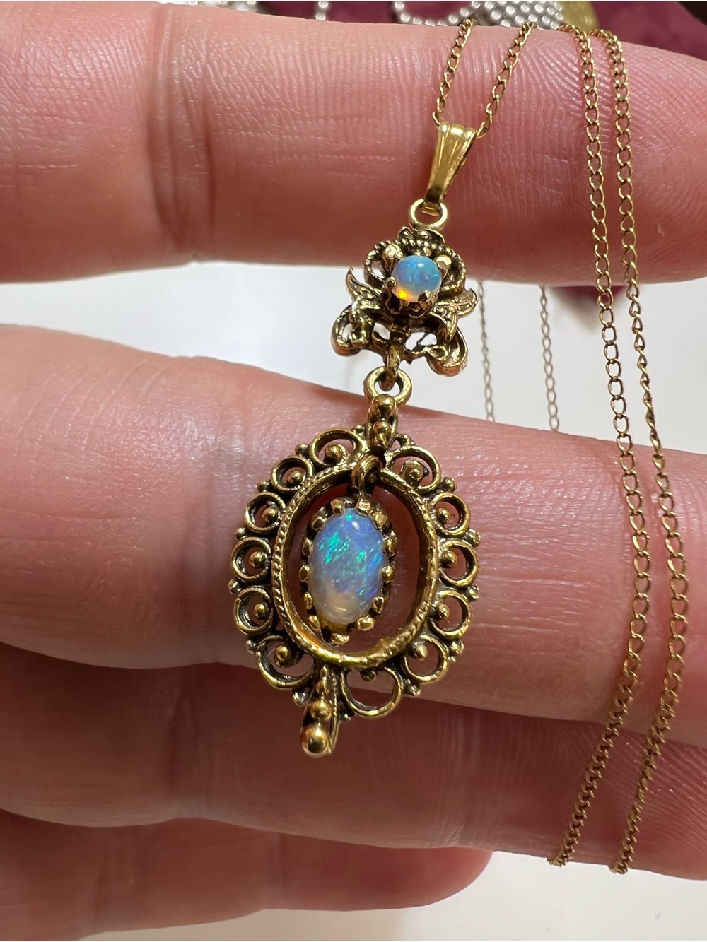 Antique 14K yellow gold with opals pendant necklace - Picture 1 of 15